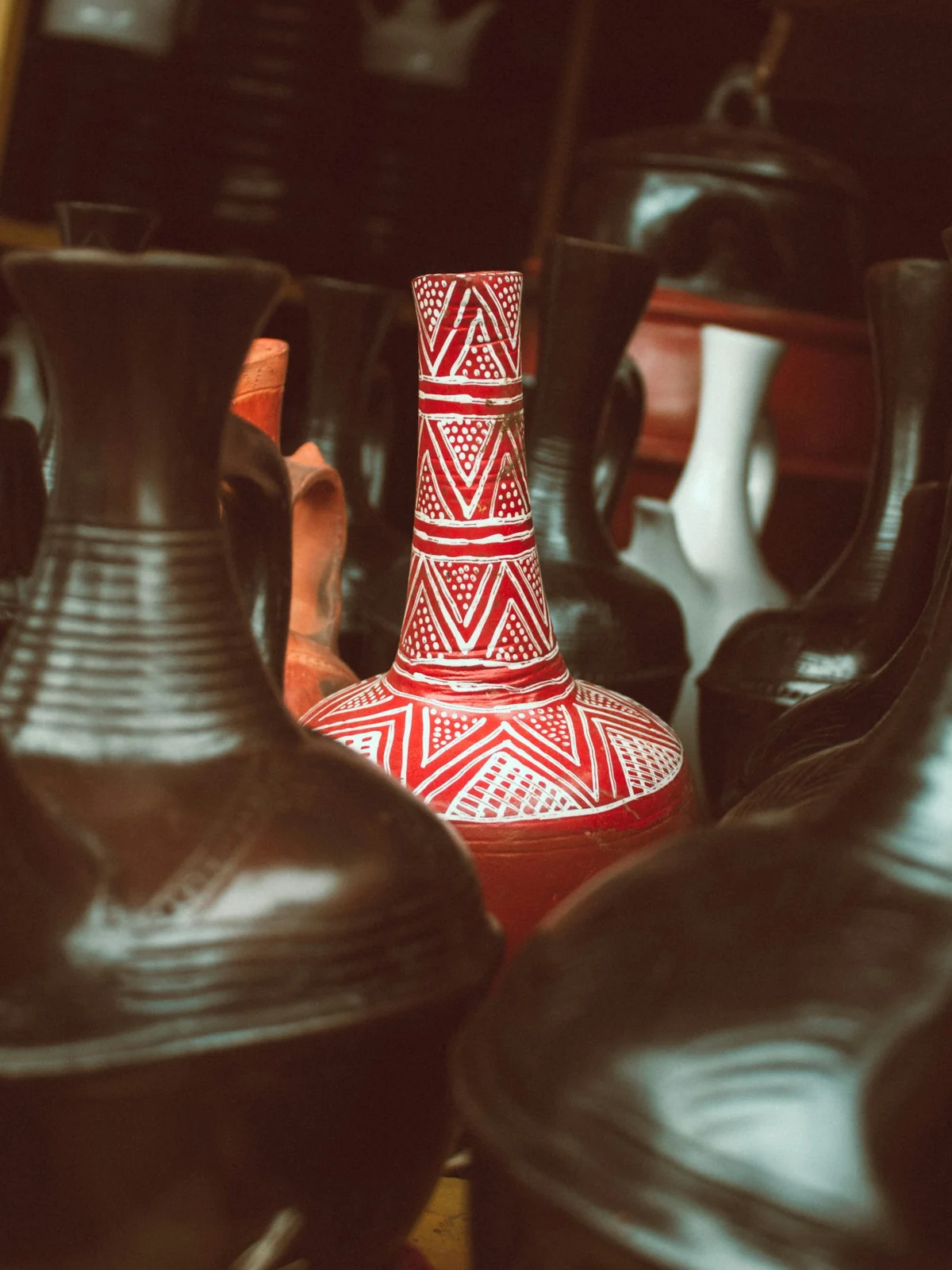 Decorated clay jebenas at Merkato in Addis Ababa