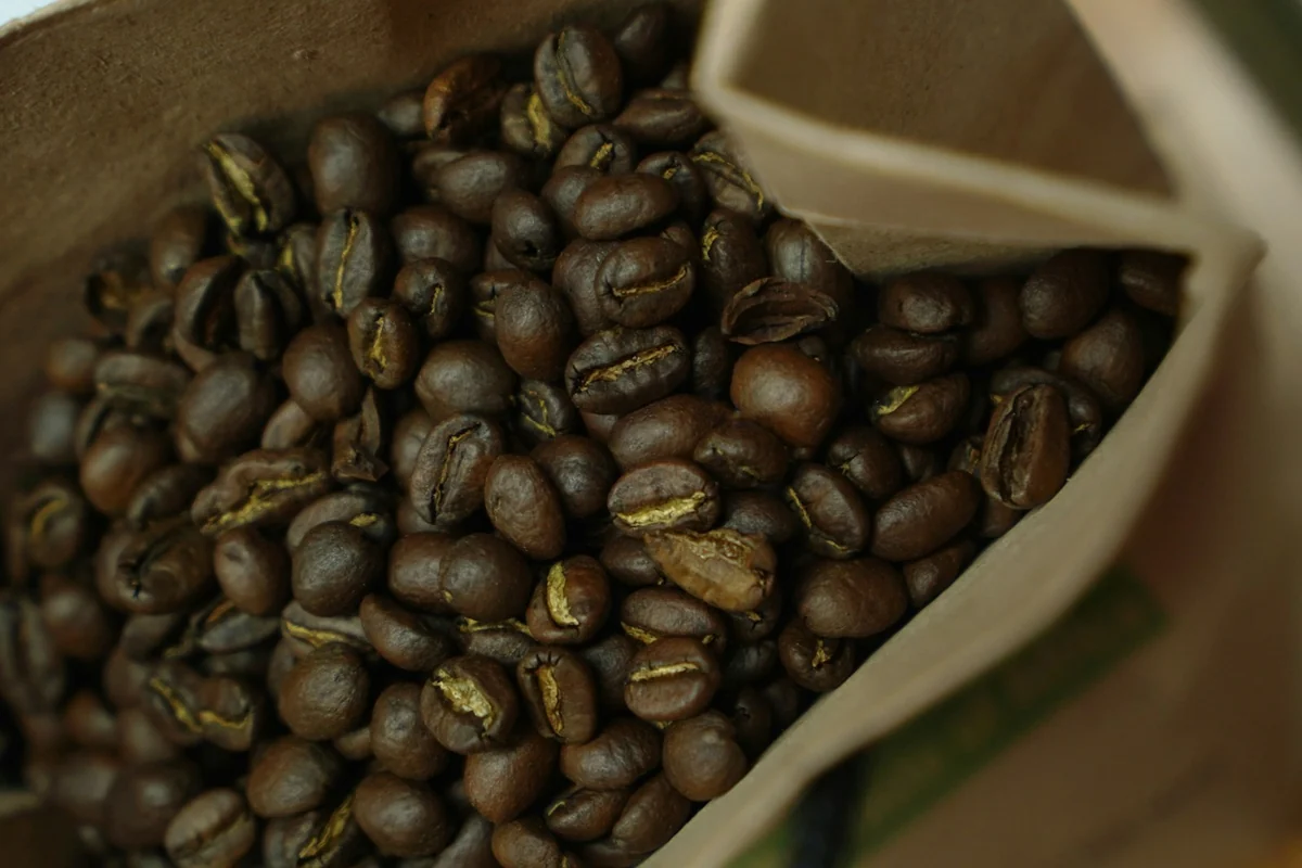 Roasted coffee beans in an open paper bag
